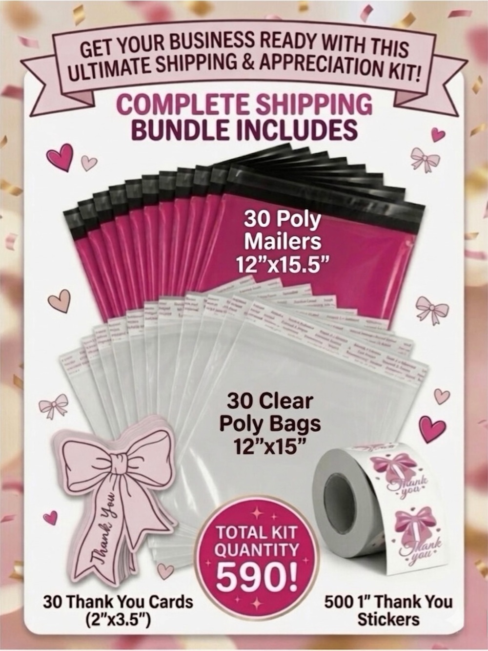 590pcs Bundle 30 Poly Mailers, 30 Clear Poly Bags, 30 Cards & 500 Stickers